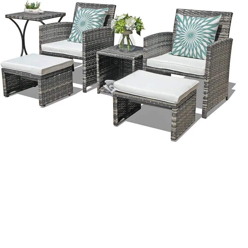 6-Piece Wicker Grey Outdoor Patio Conversation Set with Two Side Tables, Wh