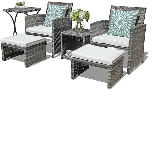 Freestyle 6-Piece Wicker Grey Outdoor Patio Conversation Set with Two Side Tables, White Cushions
