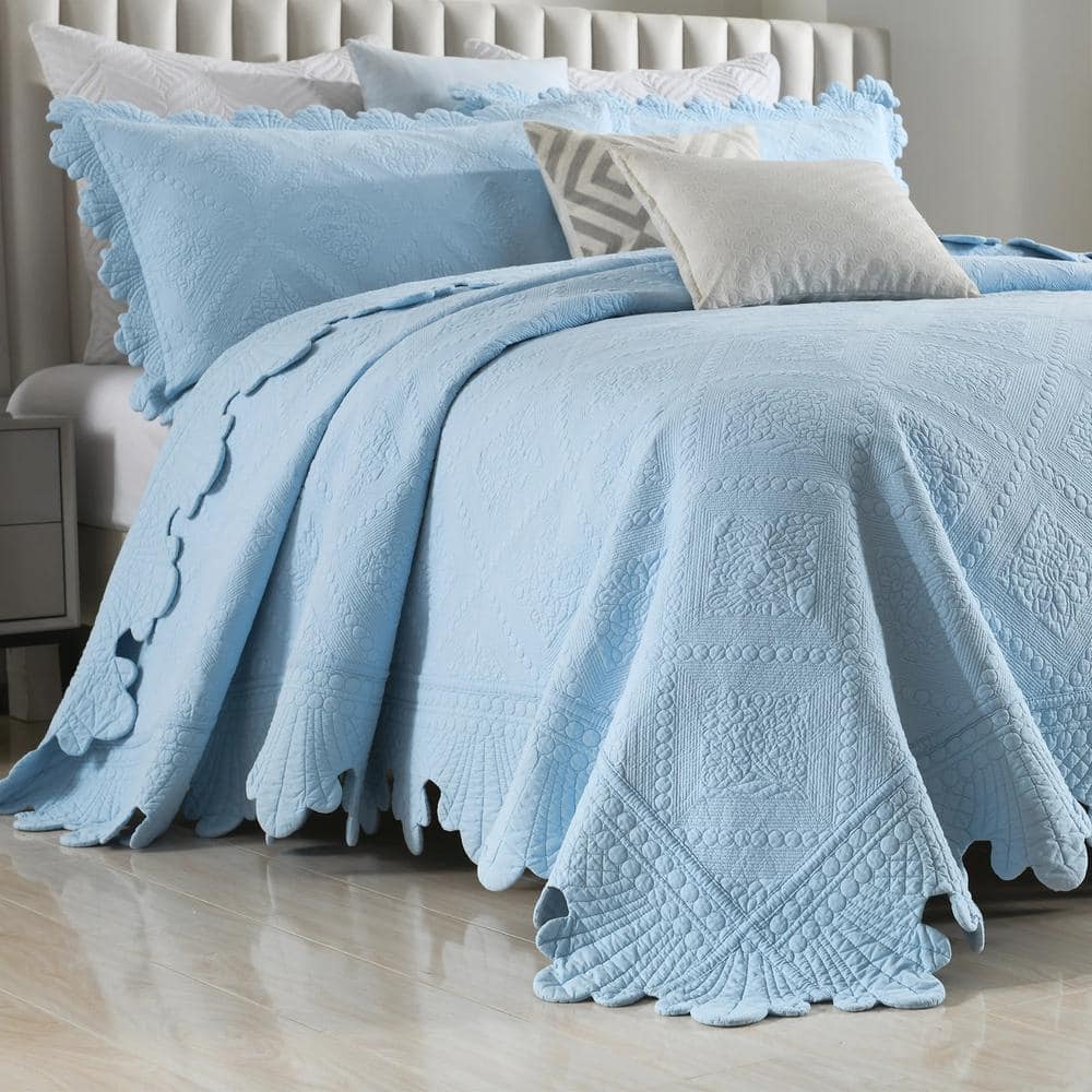 Light Blue Cotton Queen Reversible Bedspread Set