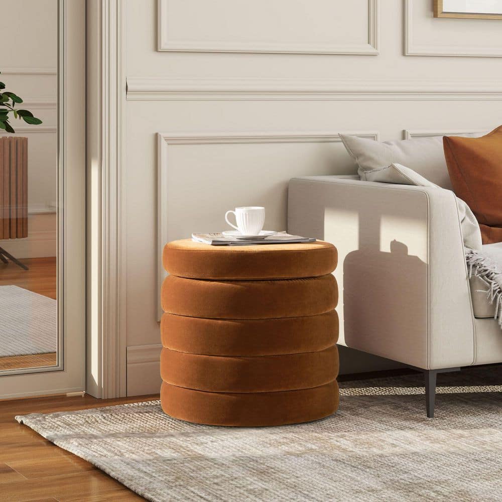 Seafuloy Orange Velvet Boucle Round Storage Ottoman xyj-jd-8419