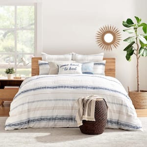 Pickford Blue 3-Piece White, Blue, Taupe Stripe, Geometric Cotton Full/Queen Comforter Set