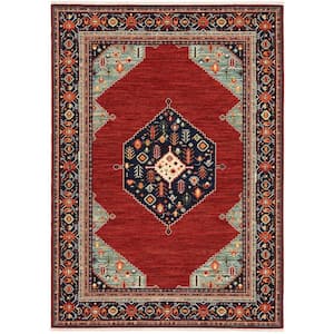 Lillian Red/Blue 10 ft. x 13 ft. Border Oriental Medallion Wool/Nylon Blend Fringed-Edge Indoor Area Rug