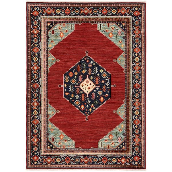 AVERLEY HOME Lillian Red/Blue 10 ft. x 13 ft. Border Oriental Medallion Wool/Nylon Blend Fringed-Edge Indoor Area Rug