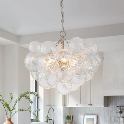 Neuvy 3-Light 23.6 in. W Nickel Chandelier with Swirled-Glass Orb Cluster Bubble Ribbed Glass Chandelier for Living Room