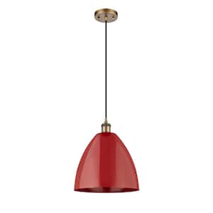 Plymouth Dome 1-Light Brushed Brass Cone Pendant Light with Red Metal Shade