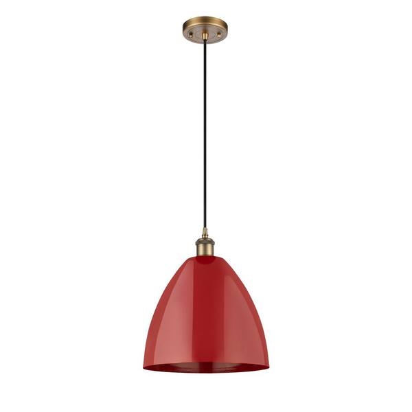 Innovations Plymouth Dome 1-Light Brushed Brass Cone Pendant Light with Red Metal Shade