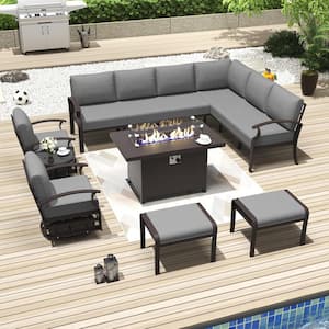 10-Seat Aluminum Patio Conversation Set with Fire Pit Table,Swivel Rocking Chairs,Coffee Table,Ottoman and Cushion Grey