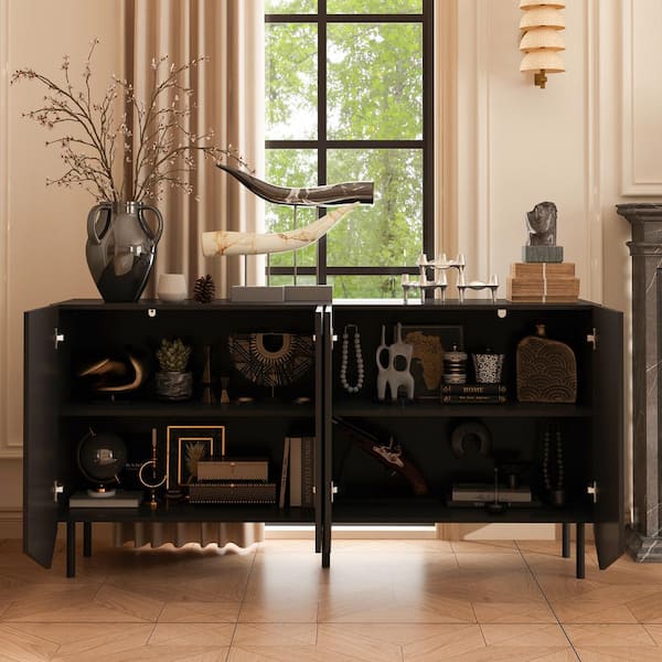 Modern Black 31.5 in. H Wave-Textured Accent Cabinet Storage Cabinet Sideboard with Adjustable Shelves and 4-Doors