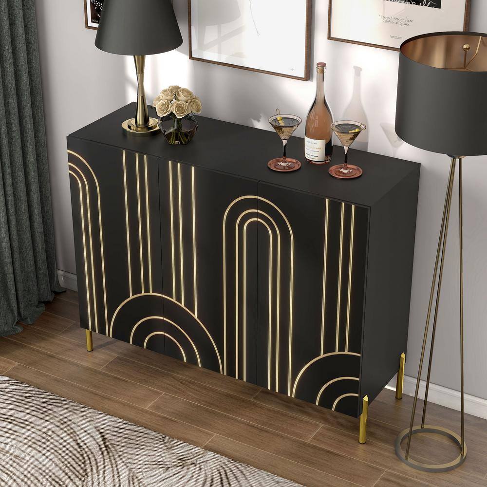Black and Gold Art Deco Geometric Buffet Sideboard