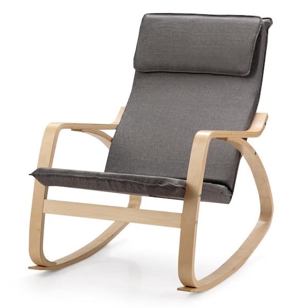 Costway Wood Outdoor Rocking Chair with Gray Cushion