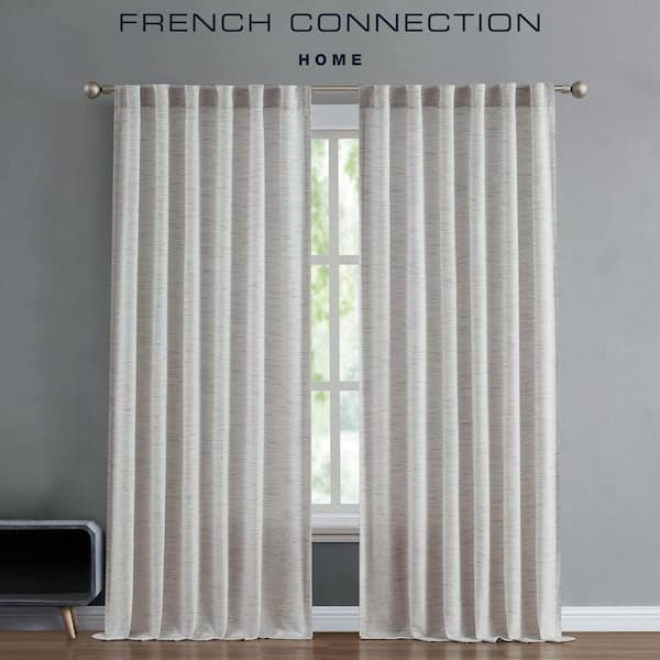 French Connection Misty Linen Beige Faux Linen 52 in. x 96 in. Light Filtering Back-Tab Tiebacks Curtain (2 Panels and 2 Tiebacks)