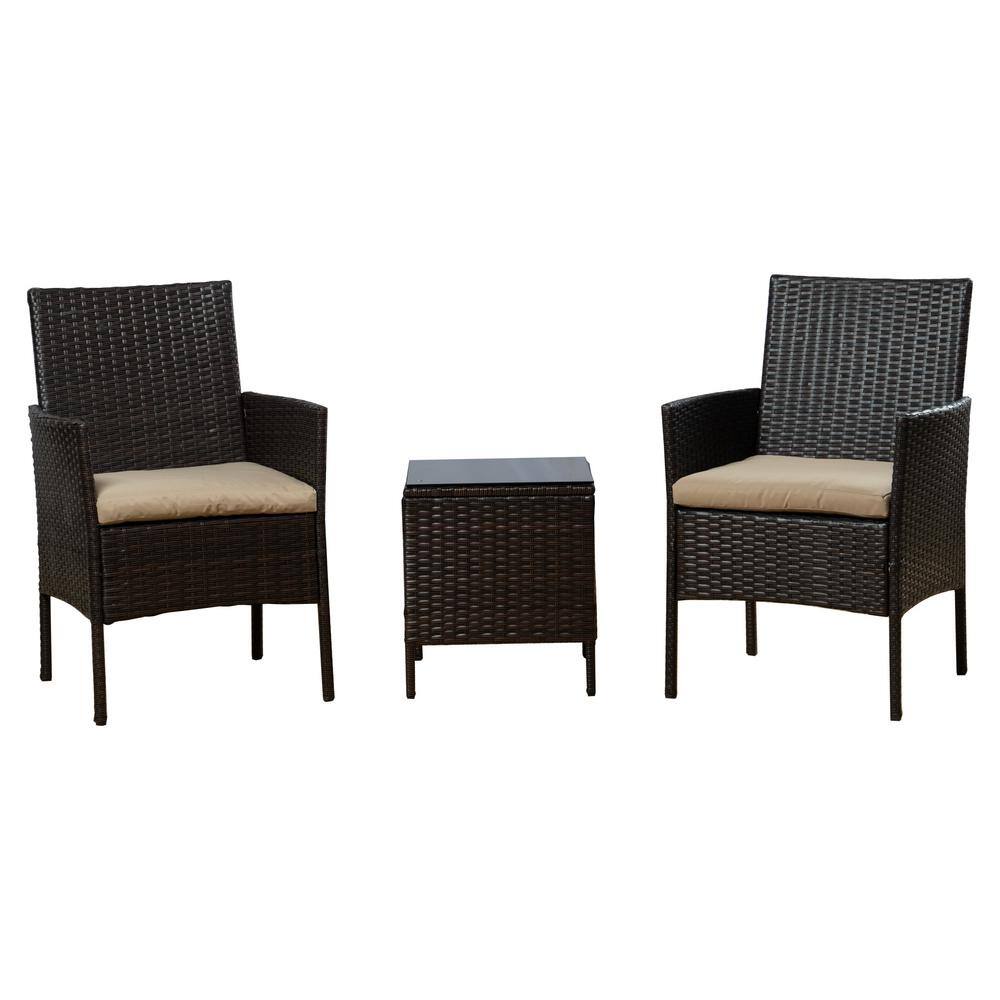 "Dark Brown 3-Piece Wicker Rectangle Table 33.8"" Height Outdoor Bistro Set with Beige Cushion for Backyard or Garden" price history on PriceWatchPro