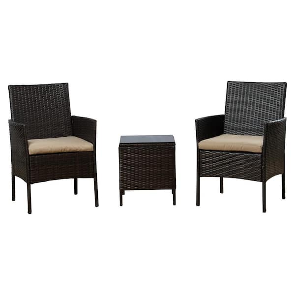 KOZYARD Dark Brown 3-Piece Wicker Rectangle Table 33.8" Height Outdoor Bistro Set with Beige Cushion for Backyard or Garden