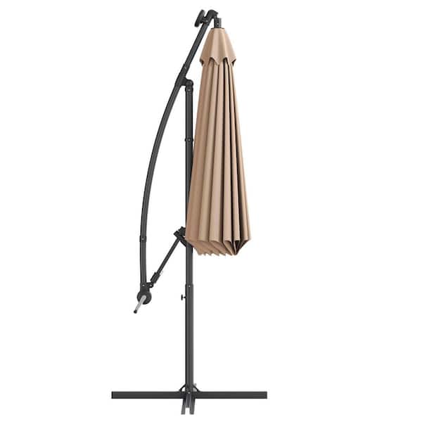 Gymax 10 ft. Metal Market Offset Hanging No Tilt Patio Umbrella with 32 Solar LED Lights in Beige