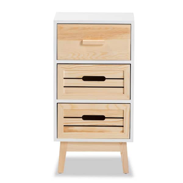 Baxton Studio Kalida White and Oak Brown 3-Drawer Storage Cabinet