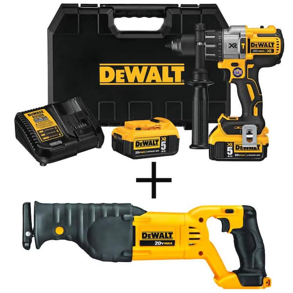 DEWALT 20V MAX XR Cordless Brushless 3-Speed 1/2 in. Hammer Drill, Reciprocating Saw, and (2) 20V 5.0Ah Batteries