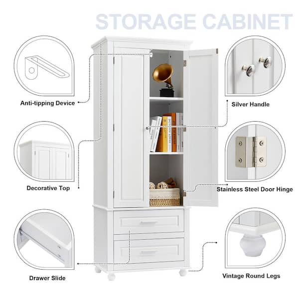 24 in. W x 15.7 in. D x 70 in. H White Linen Cabinet with 3 Drawers and Adjustable Shelf