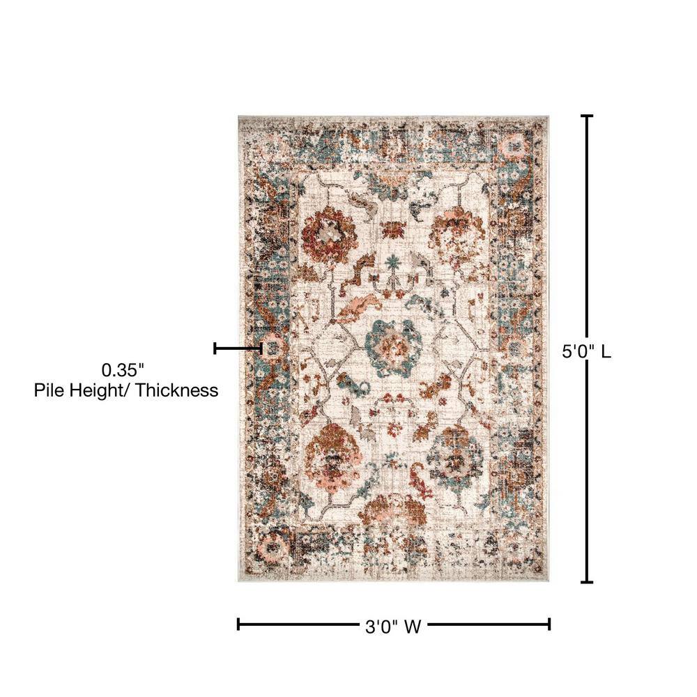 Cecil Beige Vintage Floral 3' x 5' Synthetic Area Rug