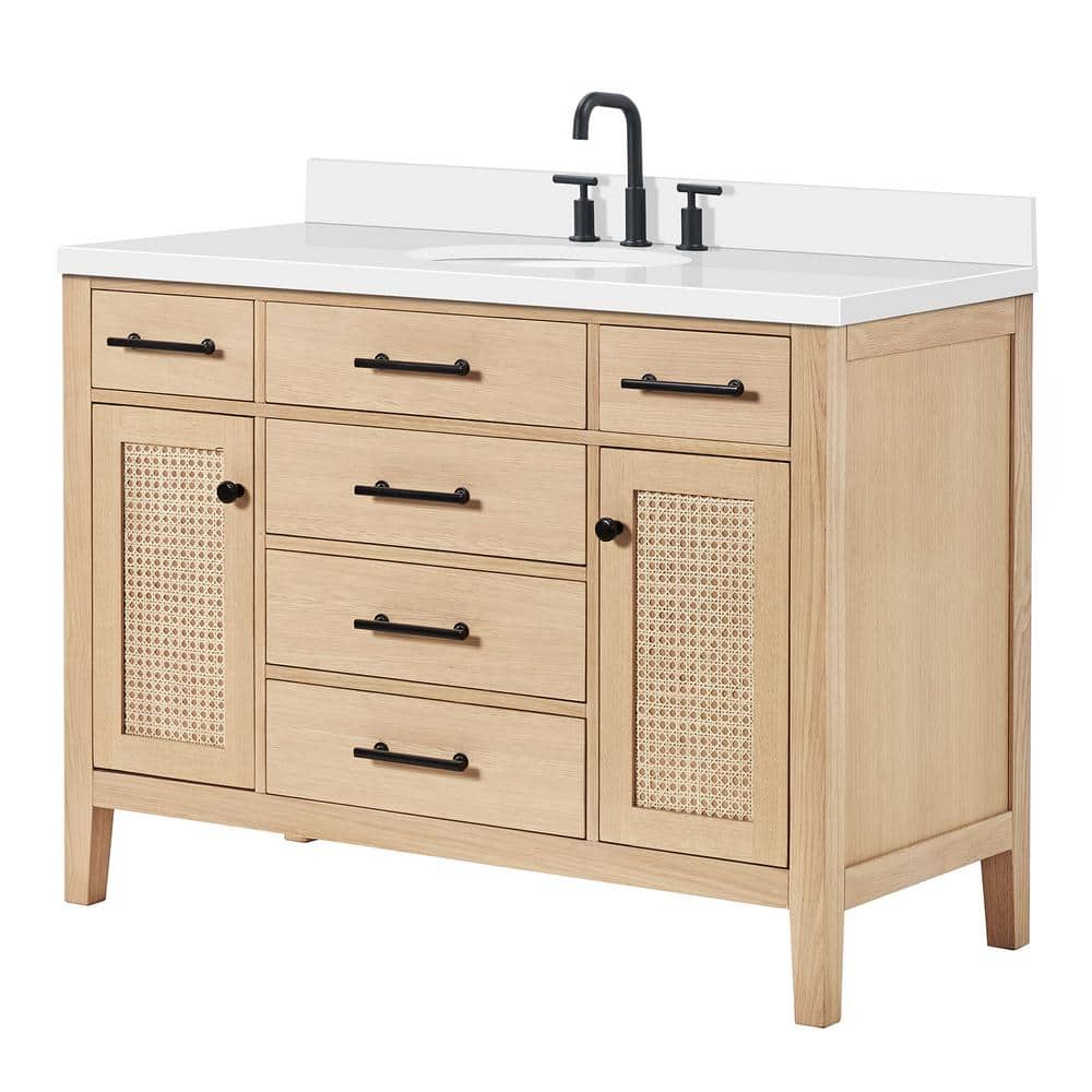 Camila 49" Light Brown Wood Single Sink Bathroom Vanity with White Quartz Top