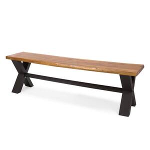 Outdoor Acacia Wood Dining Bench, Teak Finish/Rustic Metal