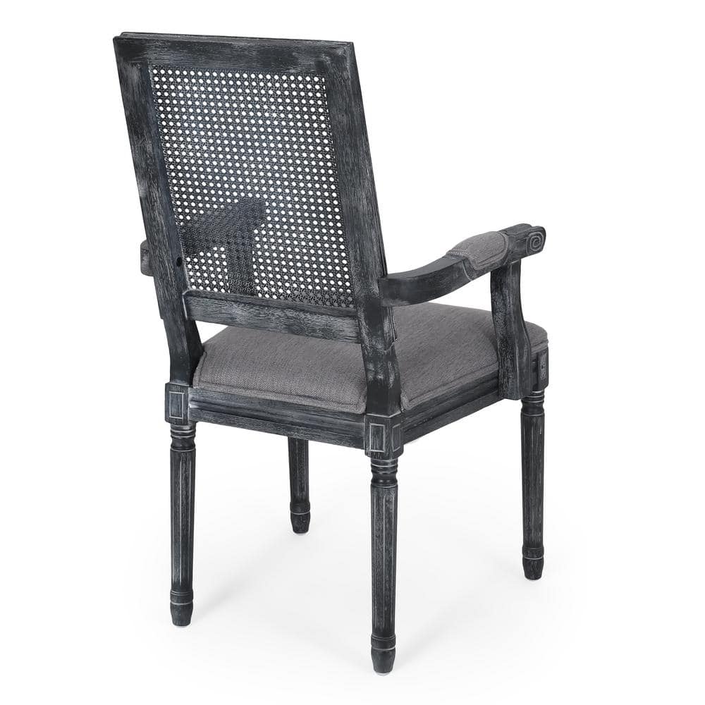 Elegant Gray Fabric Upholstered High-Back Arm Chair with Cane Detail, Set of 2
