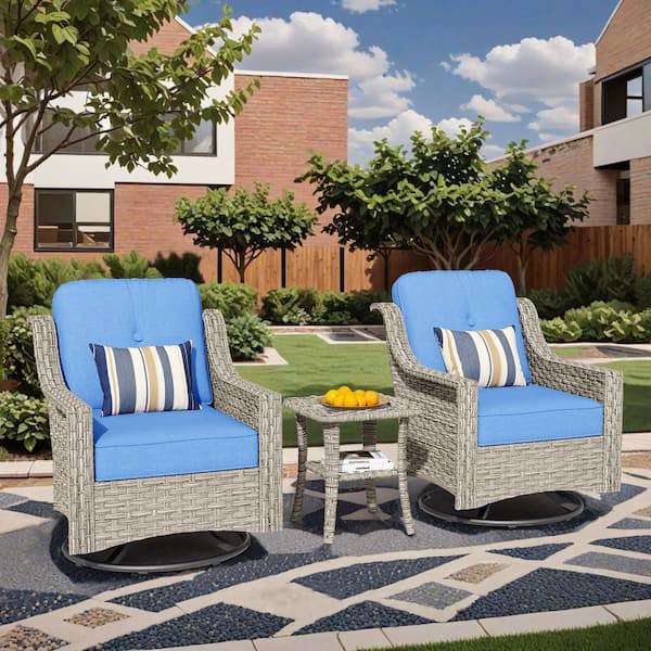 3-Piece Wicker Swivel Outdoor Rocking Chairs Patio Conversation Set with Diamond Blue Cushions and Side Table