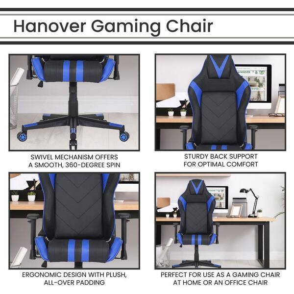 Hanover Black and Blue Faux Leather Gaming Chair with Adjustable