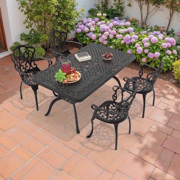 5-Piece Black Cast Aluminum Outdoor Dining Set with Off-White Cushions