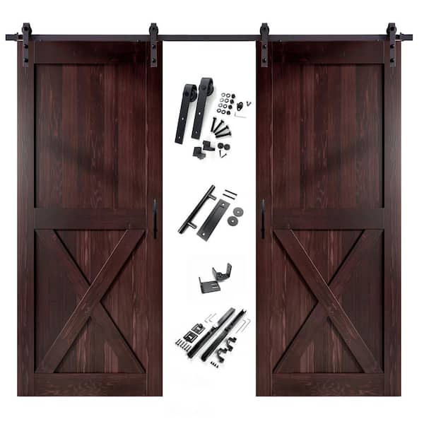 HOMACER 46 in. x 84 in. X-Frame Red Mahogany Double Pine Wood Interior Sliding Barn Door with Hardware Kit, Non-Bypass