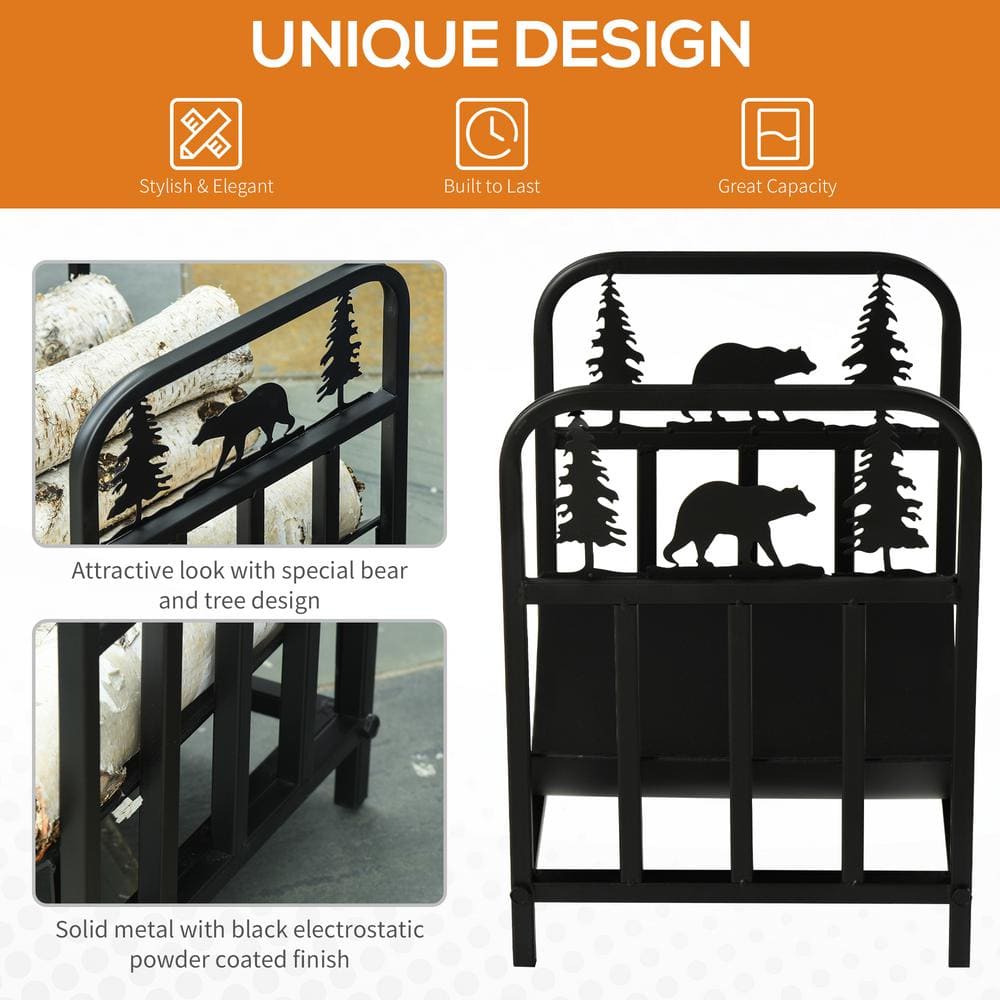 Outsunny Black Steel Bear & Tree 17" Firewood Rack