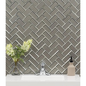 Champagne Bevel Herringbone 11.08 in. x 13.86 in. x 8mm Glass Mesh Mounted Mosaic Tile (10.6 sq. ft. / case)