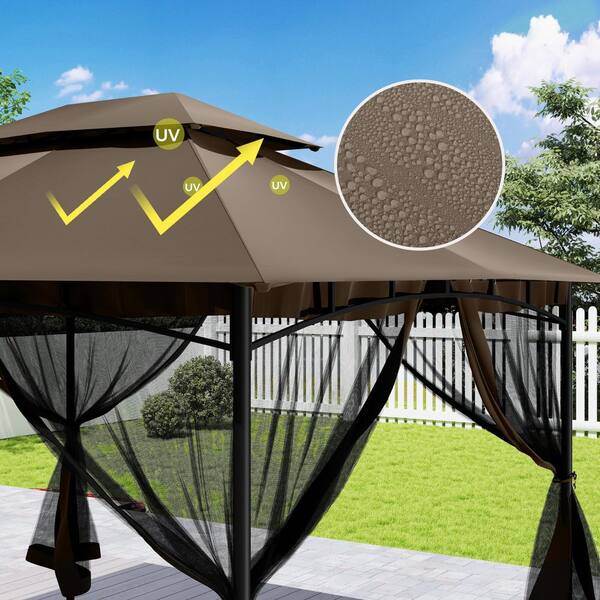 EGEIROSLIFE 10 ft. x 12 ft. Brown Double Roof Soft Top Metal Patio