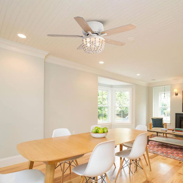 48 in. Indoor Farmhouse White Flush Mount Wood Bead Ceiling Fan with Light Kits and Remote