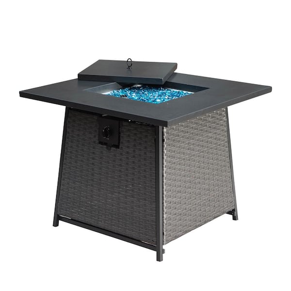 SUNRINX Dark Gray Square Metal 28 in. Propane Fire Pit Table with Blue Glass Ball and ETL-Certified
