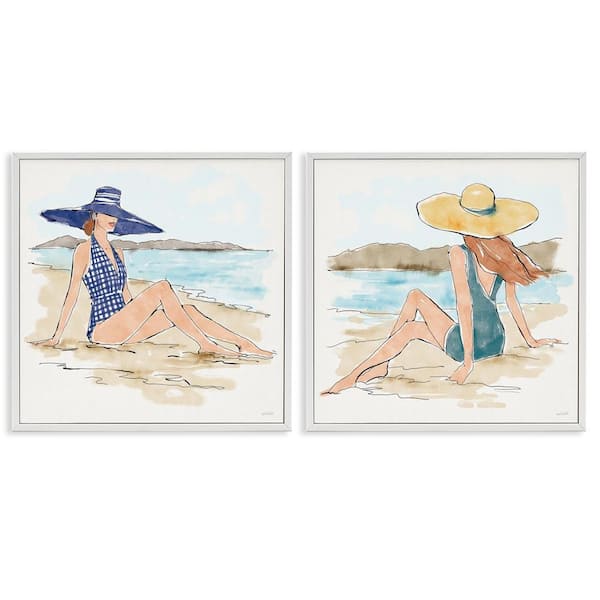 Stupell Industries Bathing Beauties on Beach by Anne Tavoletti 2-Pieces White Framed People Giclee Art Print 12 in. x 12 in.