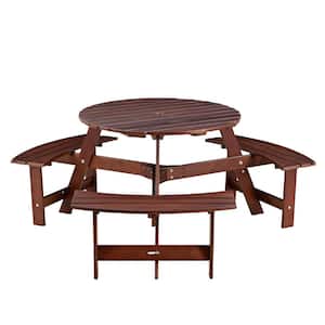 Outdoor Brown 6 Person 63 in. W Round Wood Metal Picnic Table with 3 Built-in Benches, Umbrella Hole