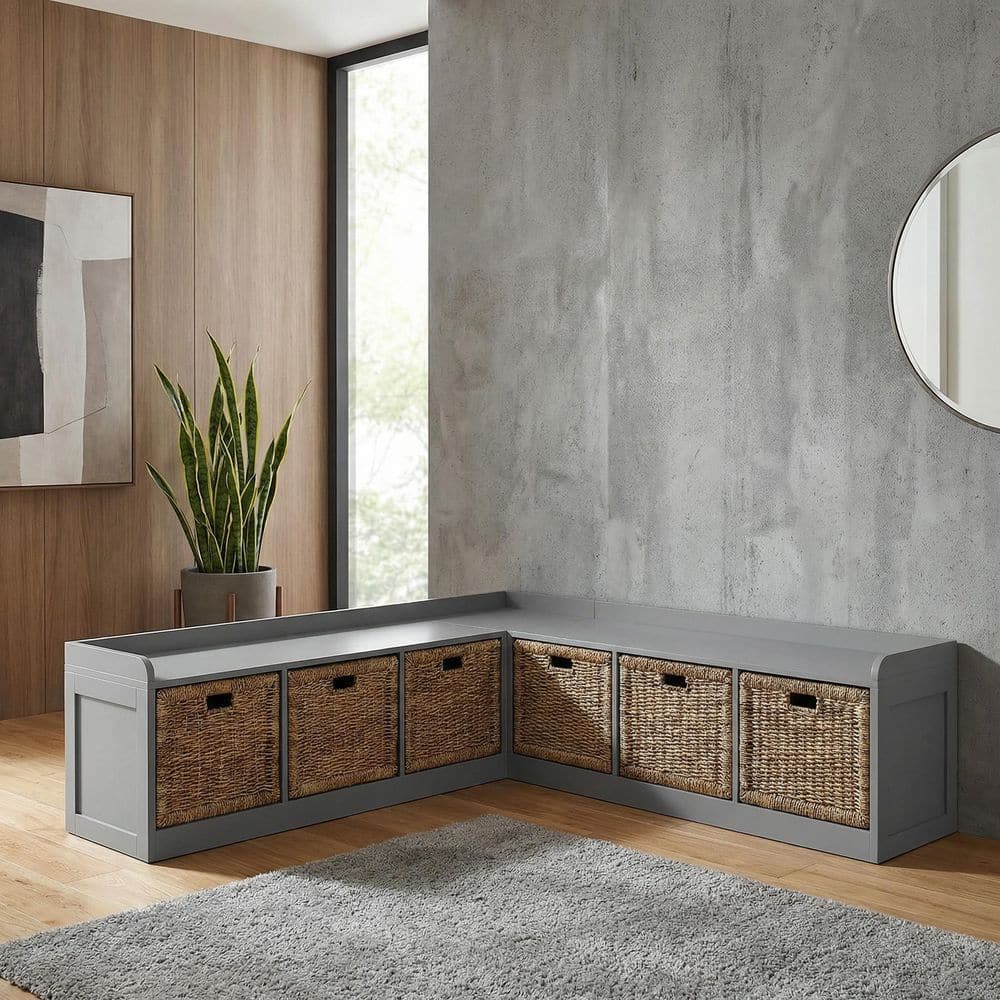 FUFU&GAGA 17.7 in. H x 63 in. W Gray Wood Shoe Storage Bench with