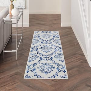 Whimsicle Ivory Navy 2 ft. x 8 ft. Floral French Country Contemporary Kitchen Runner Area Rug