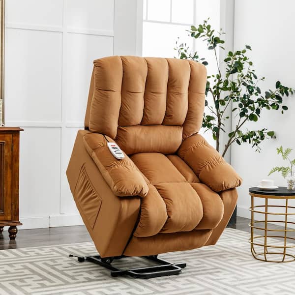 Merax Light Brown Soft Velvet Power Lift Massage Recliner Chair with Heat, Vibration Function and Side Pocket