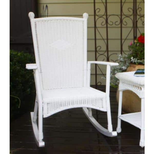 Portside Coastal White Wicker Rocking Chair with Navy Cushion