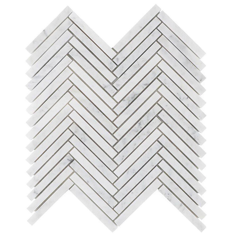Carrara White Polished Marble Herringbone Mosaic Tile