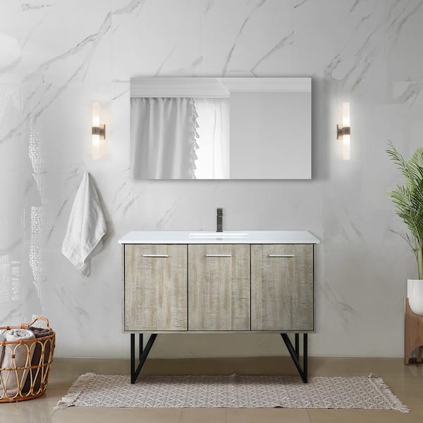 Lexora Lancy 48 in W x 20 in D Rustic Acacia Bath Vanity, White Quartz Top, Gun Metal Faucet Set and 43 in Mirror