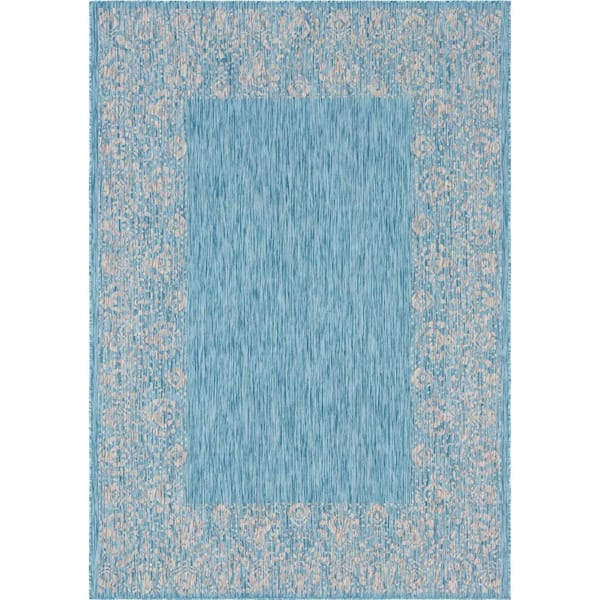 Unique Loom Outdoor Floral Border Aqua Blue 7 ft. x 10 ft. Area Rug