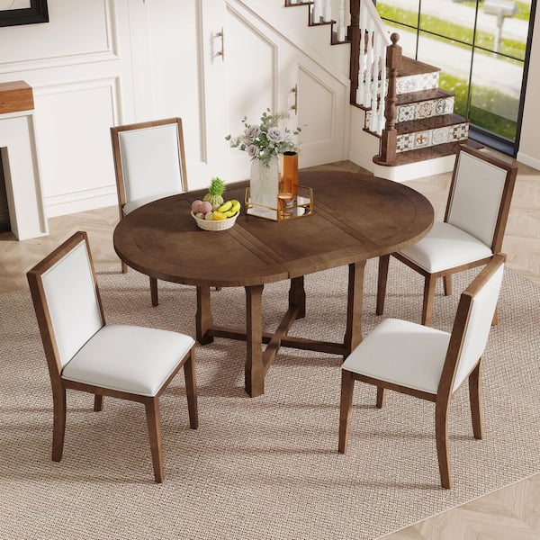 5-Piece Round Brown Wood Extendable Dining Table Set Seats 4 with 15.7 in. Removable Leaf, 4 Beige Linen Chairs
