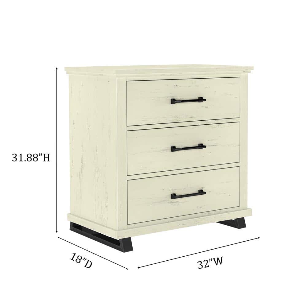 Off-White 32'' 3-Drawer Nightstand with Metal Legs