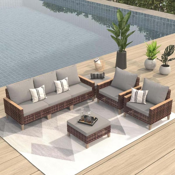 7-Pieces Brown Wicker Outdoor Sectional Sofa Set, Rattan High Back with Ottomans and Grey Cushions for Patio