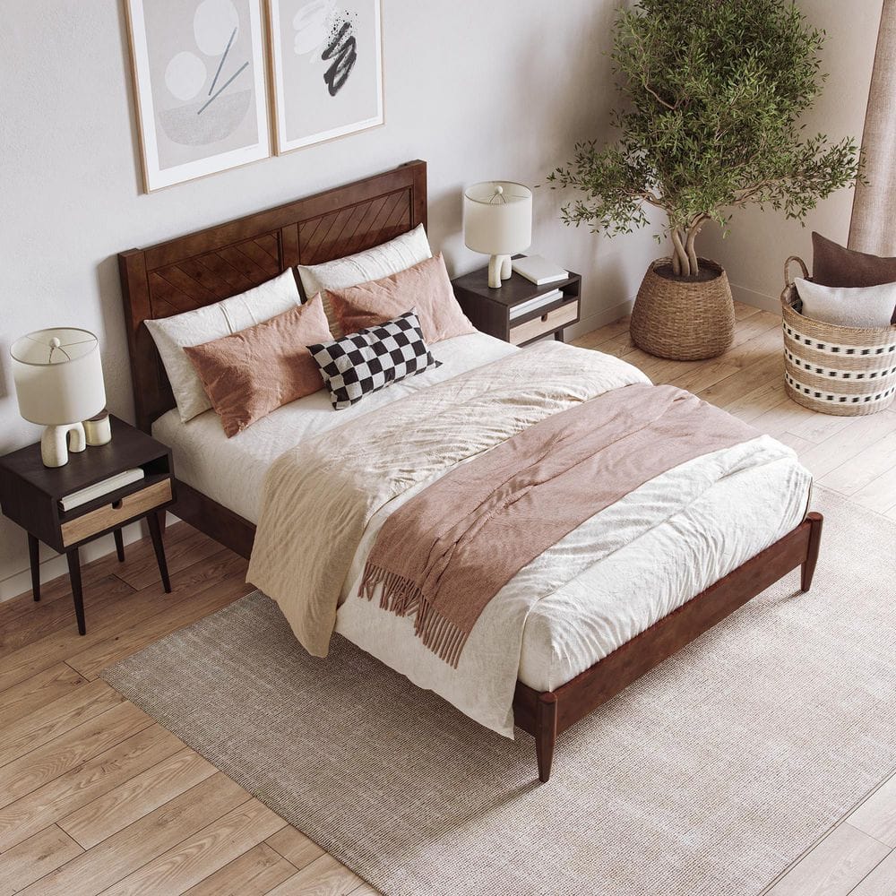 Walnut Full Solid Wood Platform Bed with Chevron Headboard
