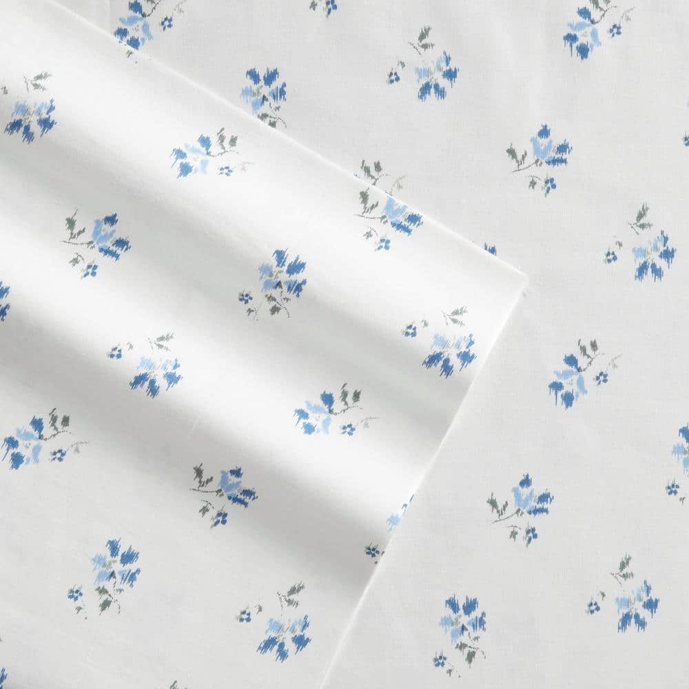 King Blue Floral Cotton Percale Deep Pocket Sheet Set