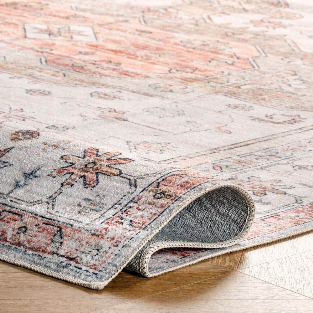 Vintage Beige and Tan Round Synthetic Washable Area Rug, 6'