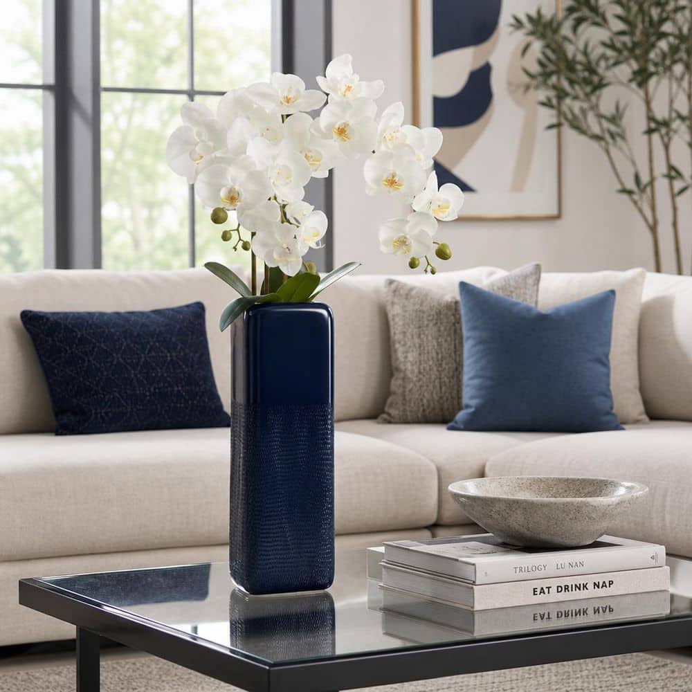 18 in. Navy Blue Stoneware Square Grooved Decorative Vase